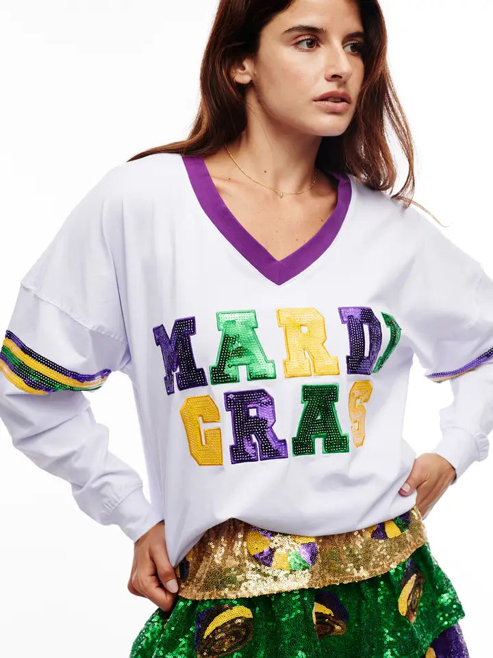 Bright Mardi Gras Sequin Short Long Sleeve Shirts - The Season Boutique