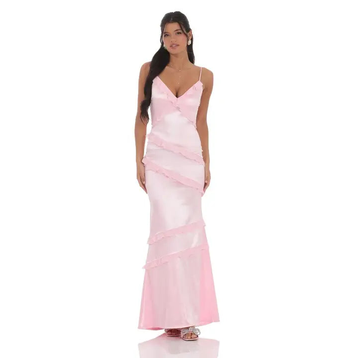 Satin V-Neck Ruffle Mermaid Maxi Dress in Pink