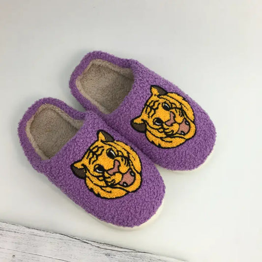 Plush Purple and Gold Tiger Slippers