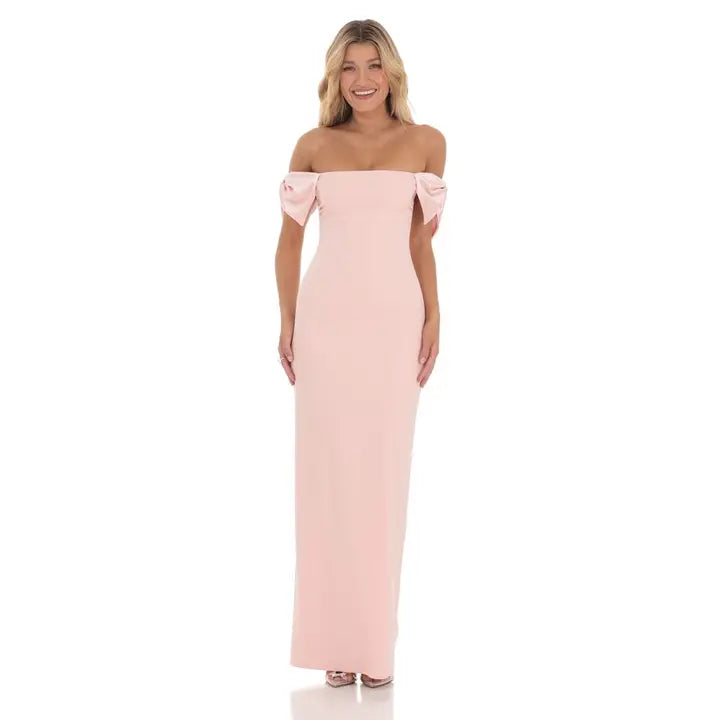 Off Shoulder Bow Sleeve Maxi Dress in Pink