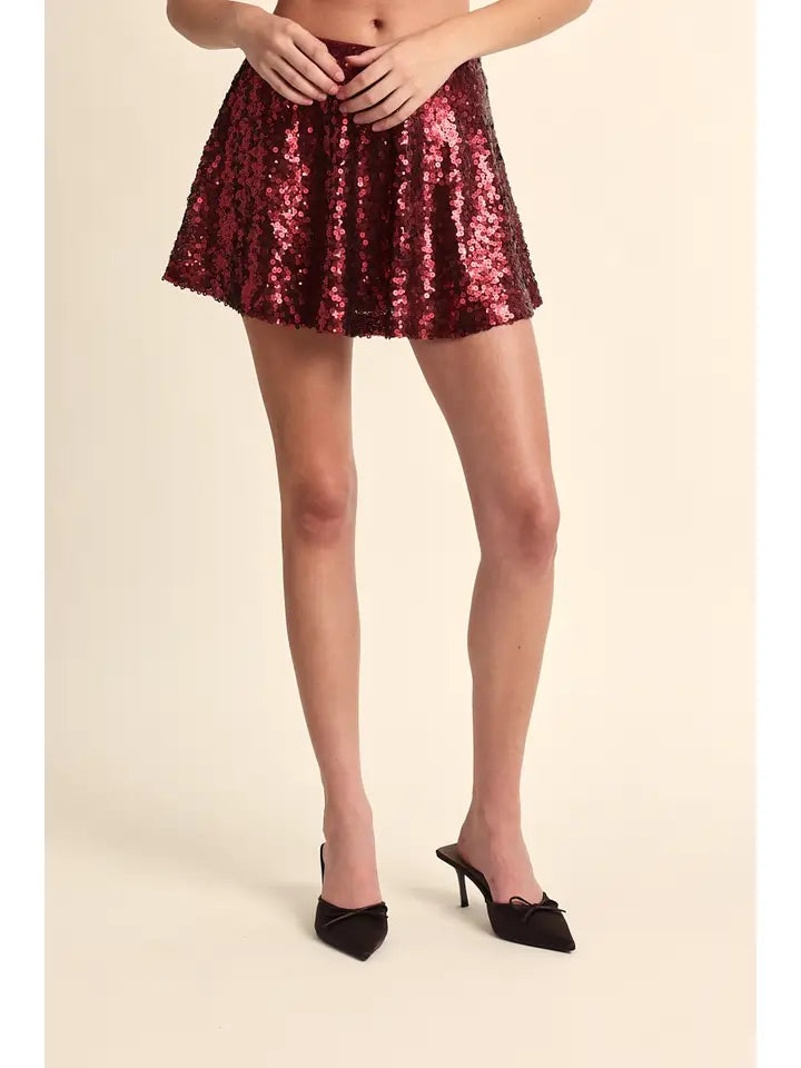 Holiday Shiny High Waist Pleated Mini Skirt-Maroon