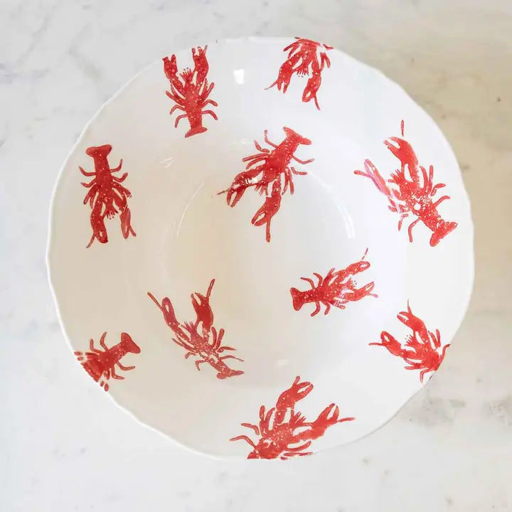 Watercolor Crawfish Serving Bowl White/Red 12x12x3.5