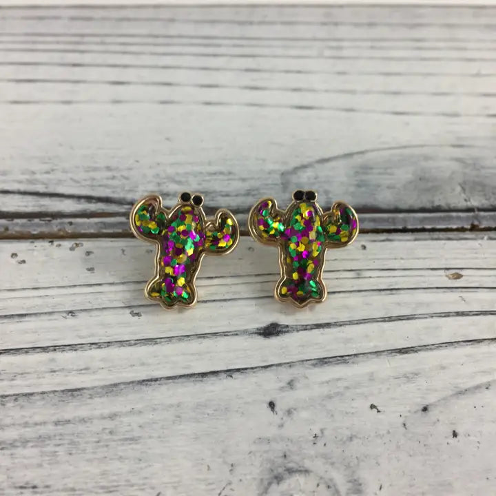 Mardi Gras Glitter Crawfish Post Earrings
