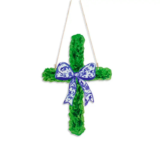 Boxwood Cross Door Hanger Green/Blue 19.25x13.15