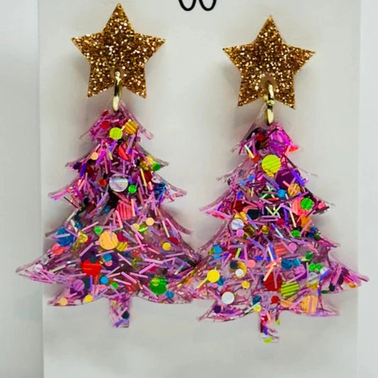 Pink Christmas Tree Tinsel Earrings