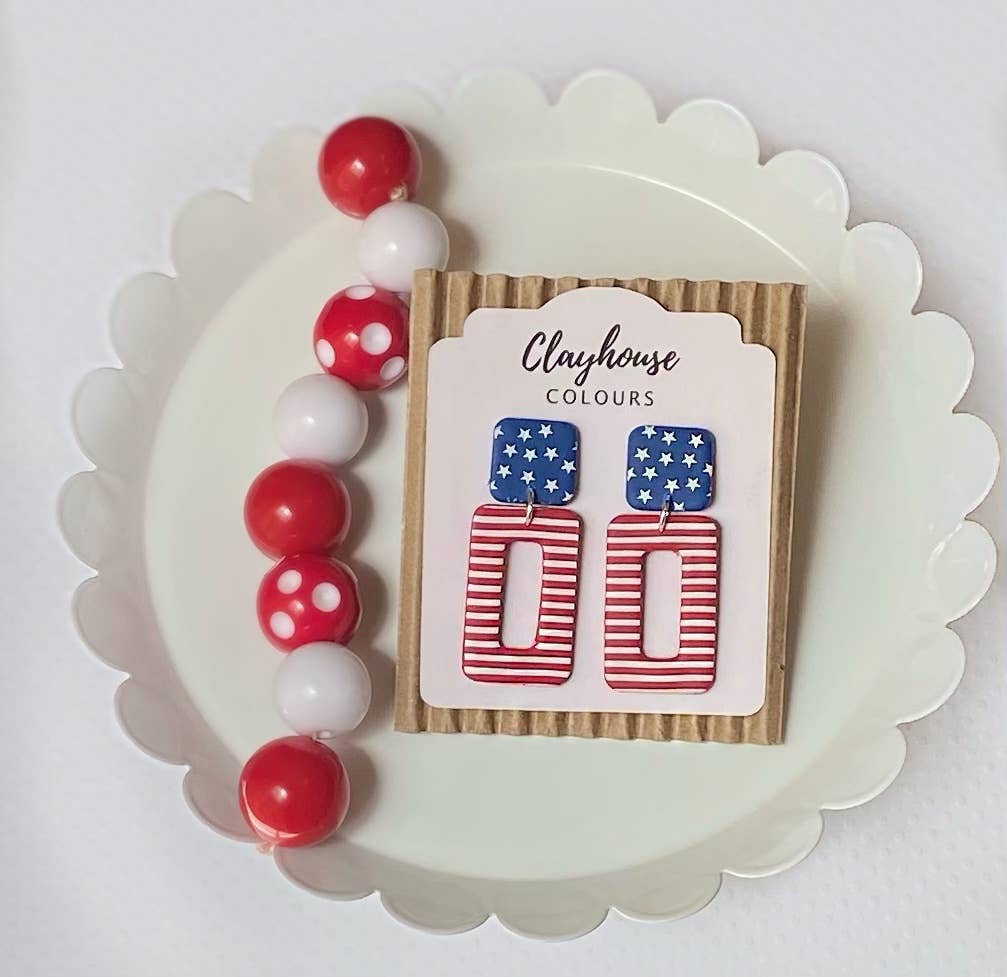 Red, White & Blue Clay Earrings: Square Dangles - The Season Boutique