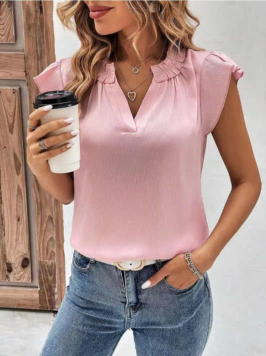 Pink V-Neck Ruffled Sleeve Top