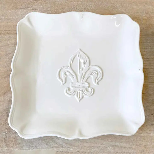 Fleur De Lis Embossed Platter White 11.5x11.5