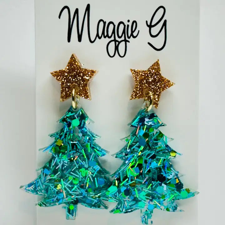 Teal Christmas Tree Tinsel Earrings