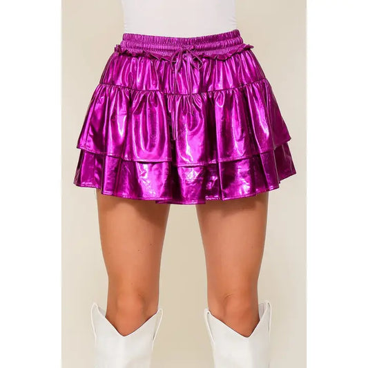 Tiered Foil Knit High Waisted Skort