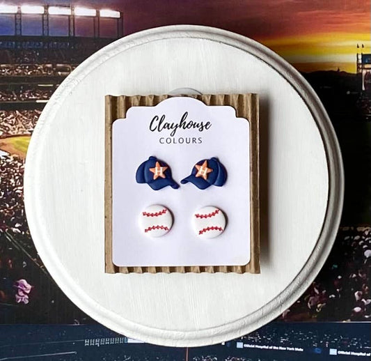 Astros Baseball Earrings : Hat & Baseball Studs