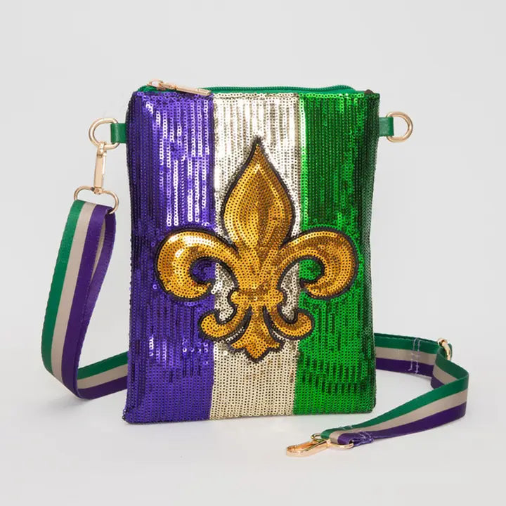 Fleur De Lis Mardi Gras Sequin Crossbody Bag