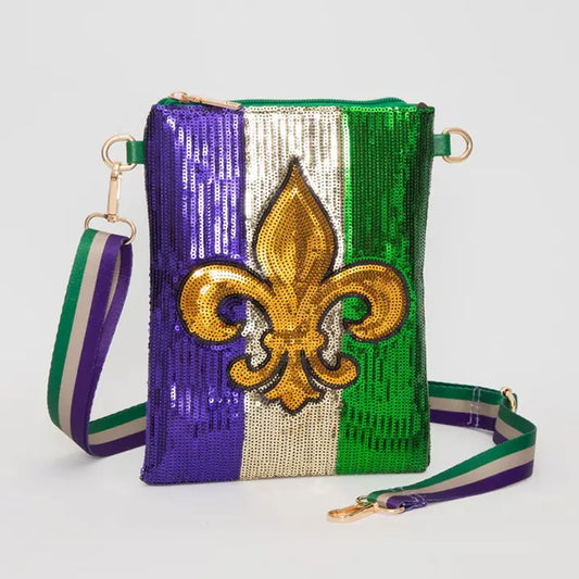 Fleur De Lis Mardi Gras Sequin Crossbody Bag