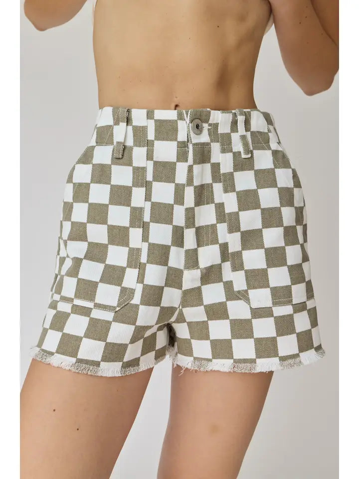 Checkered Denim Shorts