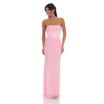 Mesh Strapless Corset Maxi Dress in Pink