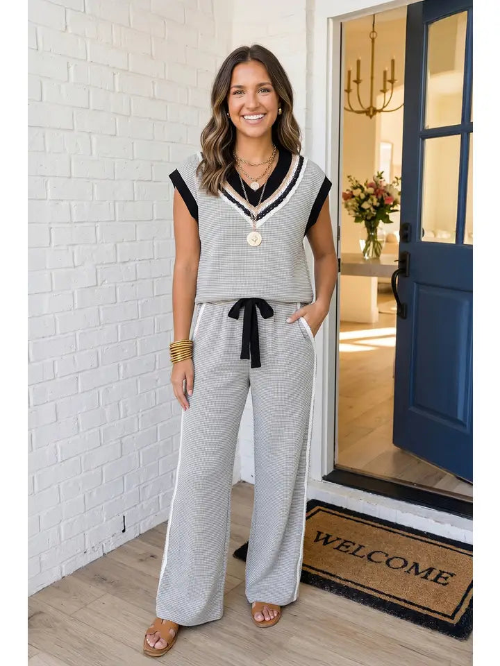 Colorblock Drawstring Wide Leg Pants Set - The Season Boutique