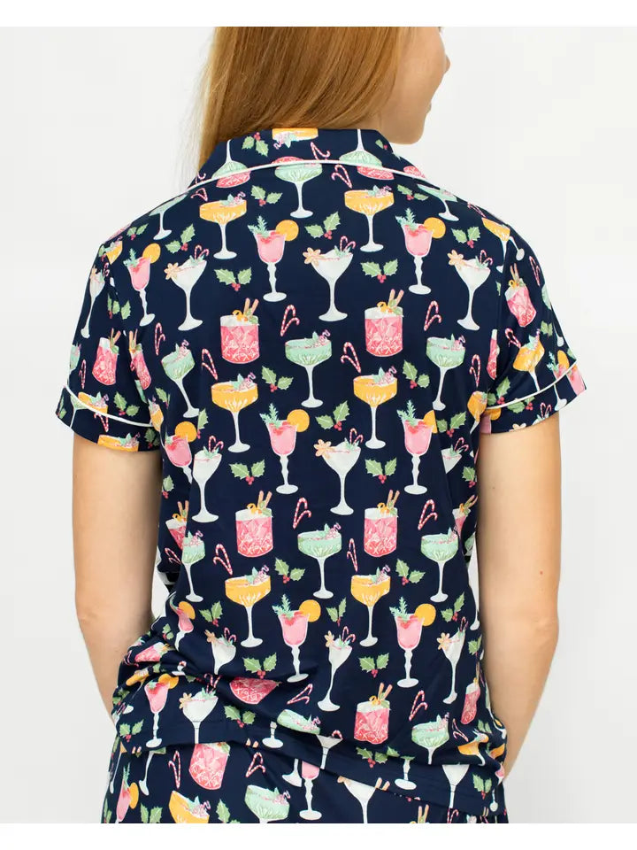 Fizz the Season Short Sleeve Button Up Sleep Shirt Royal/Multi