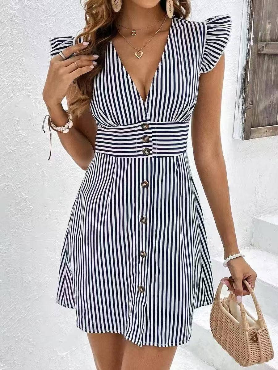 Yellow Striped Print V-Neck Flutter Sleeve Dress