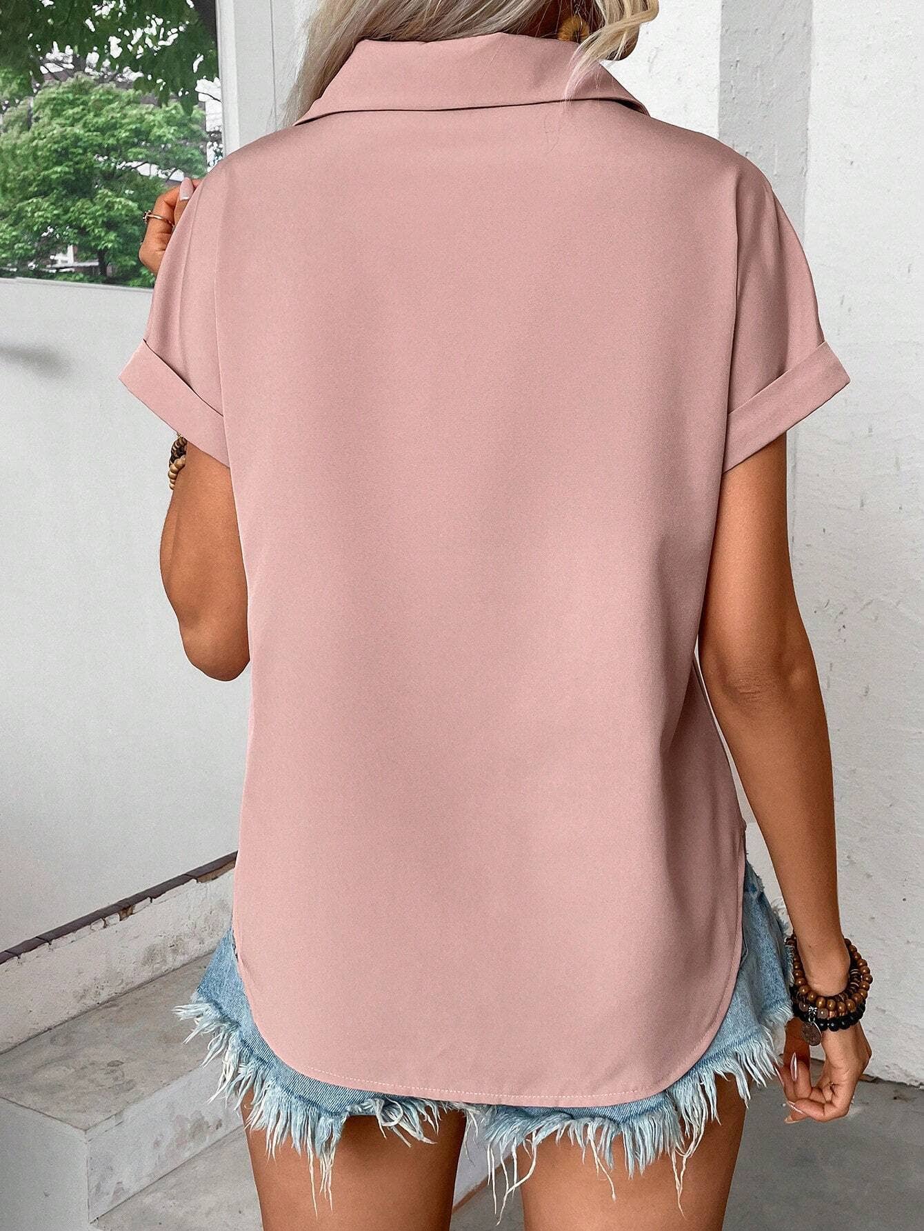 blue button down pleated top