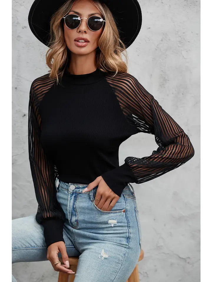 Black Striped Mesh Long Sleeve Crewneck Ribbed Top