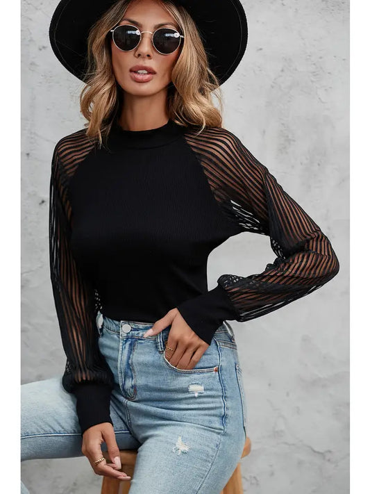 Black Striped Mesh Long Sleeve Crewneck Ribbed Top