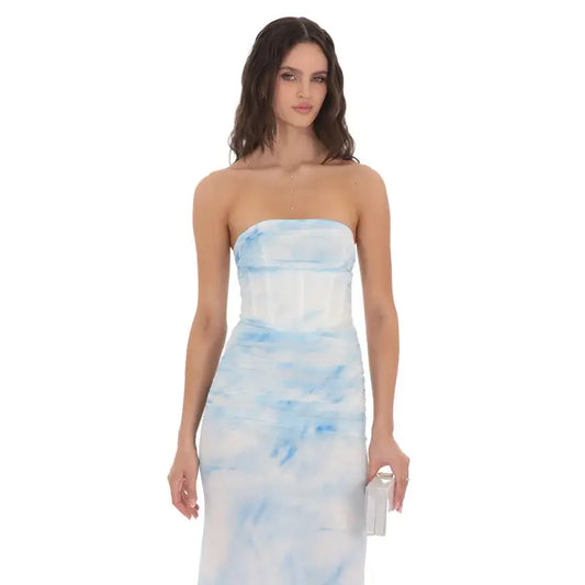 Mesh Strapless Corset Maxi Blue Tie Dye
