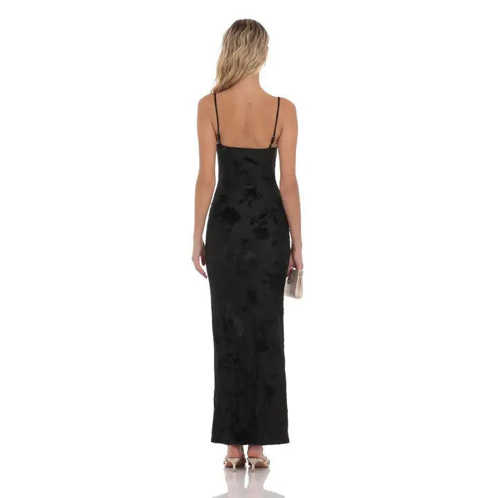 Velvet Floral Cowl Neck Maxi Dress in Black