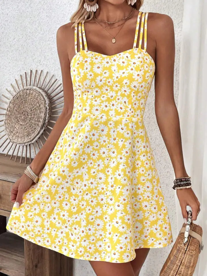 Yellow Floral Print Halter Dress