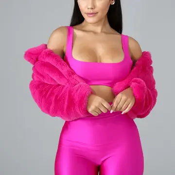 Loose Faux Fur Cardigan Bomber Jacket Fleece Coat - Rose