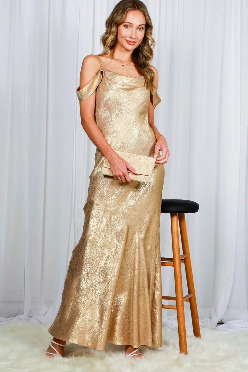 Off-The-Shoulder Strap Metallic Maxi Dress
