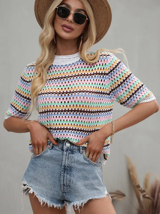 Crochet Short Sleeve Pullover Sweater