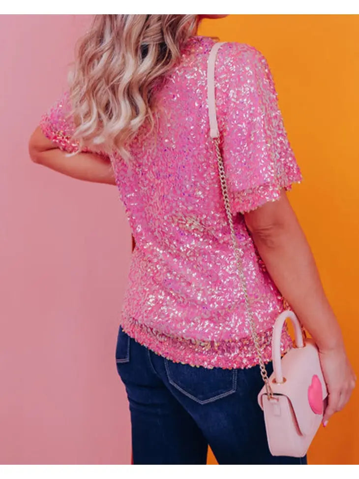 Sequin Short Sleeve V-Neck Top