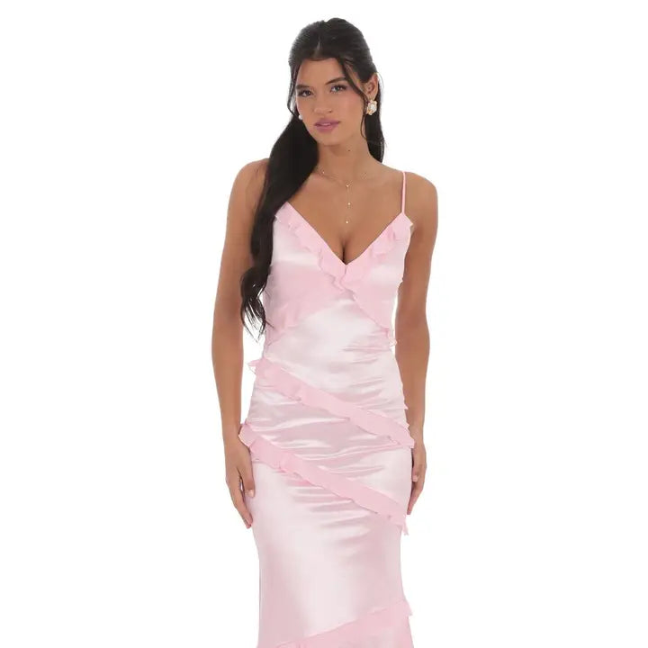Satin V-Neck Ruffle Mermaid Maxi Dress in Pink