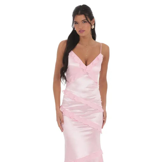 Satin V-Neck Ruffle Mermaid Maxi Dress in Pink