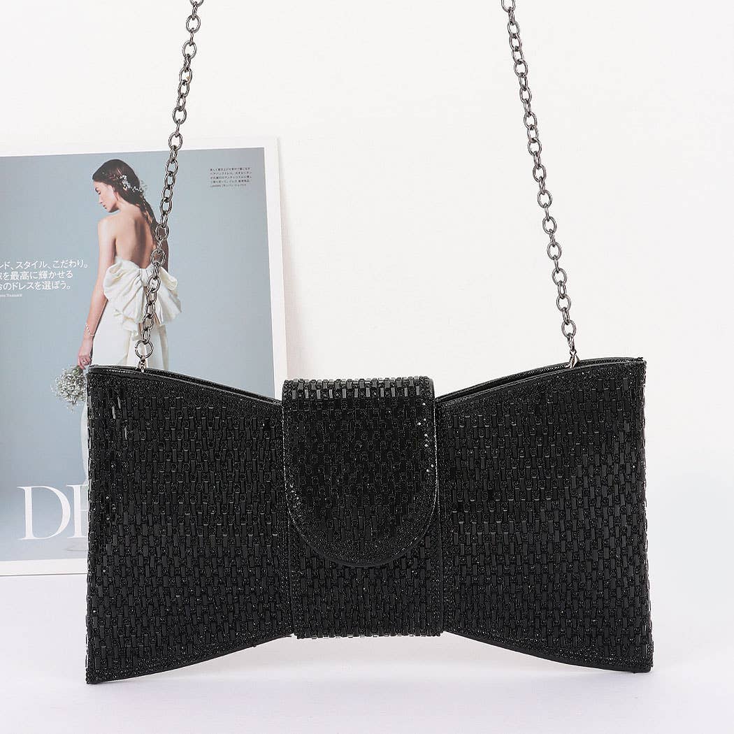 Rhinestone Bow Clutch -Black
