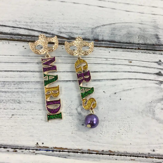 Mardi Gras Word Glitter Earrings