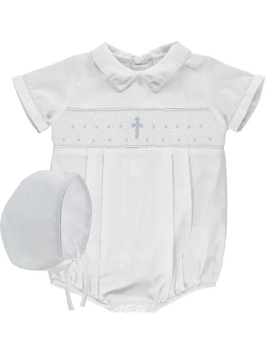 Baby Boy White Smocked Cross Creeper + Bonnet