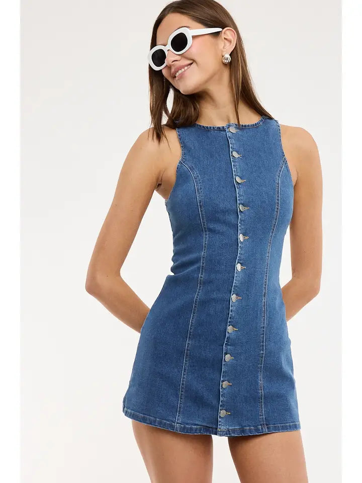 Denim Boat Neck Button Down Mini Dress - The Season Boutique