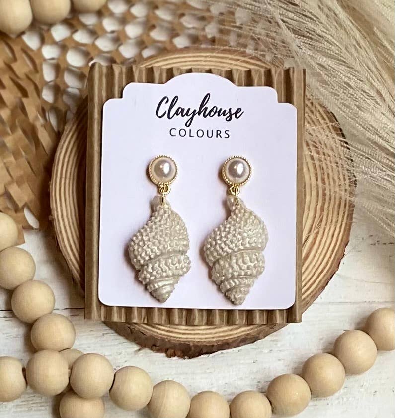 Beach Clay Earrings: Large Shell w/Pearl Post - The Season Boutique