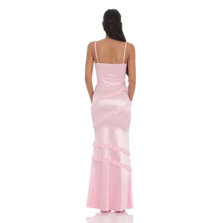 Satin V-Neck Ruffle Mermaid Maxi Dress in Pink