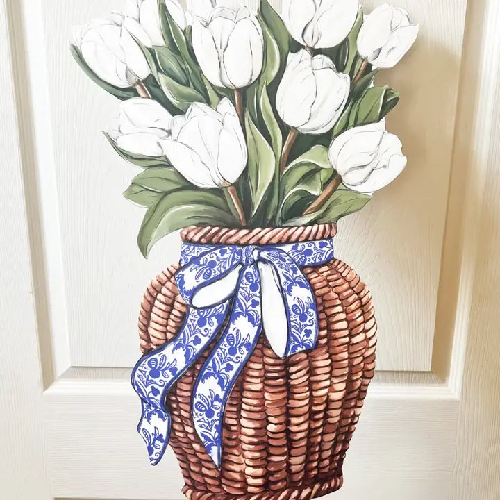 White Tulips Door Hanger-Pretty Floral Spring Flower Basket