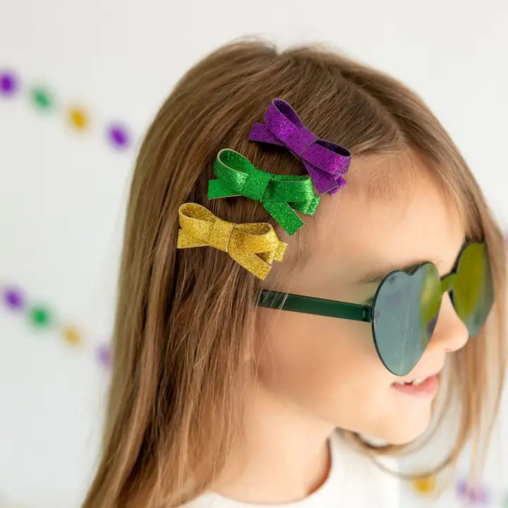 Mardi Gras Bow Clip Set - Kids Hair Bows