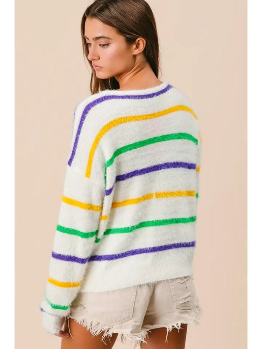 Mardi Gras Stripes V-Neck Hairy Sweater