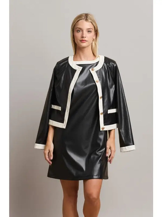 Contrast Trim Vegan Leather Jacket