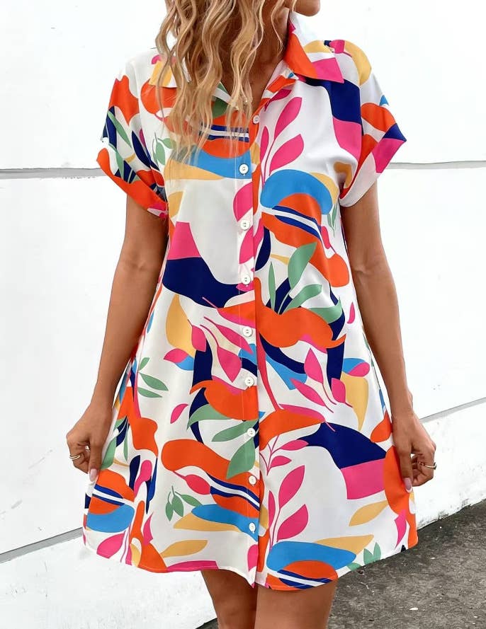 Summer Printed Short Sleeve Shirt Dress - The Season Boutique
