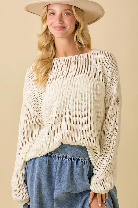 Boat Neck Crochet Knit Top
