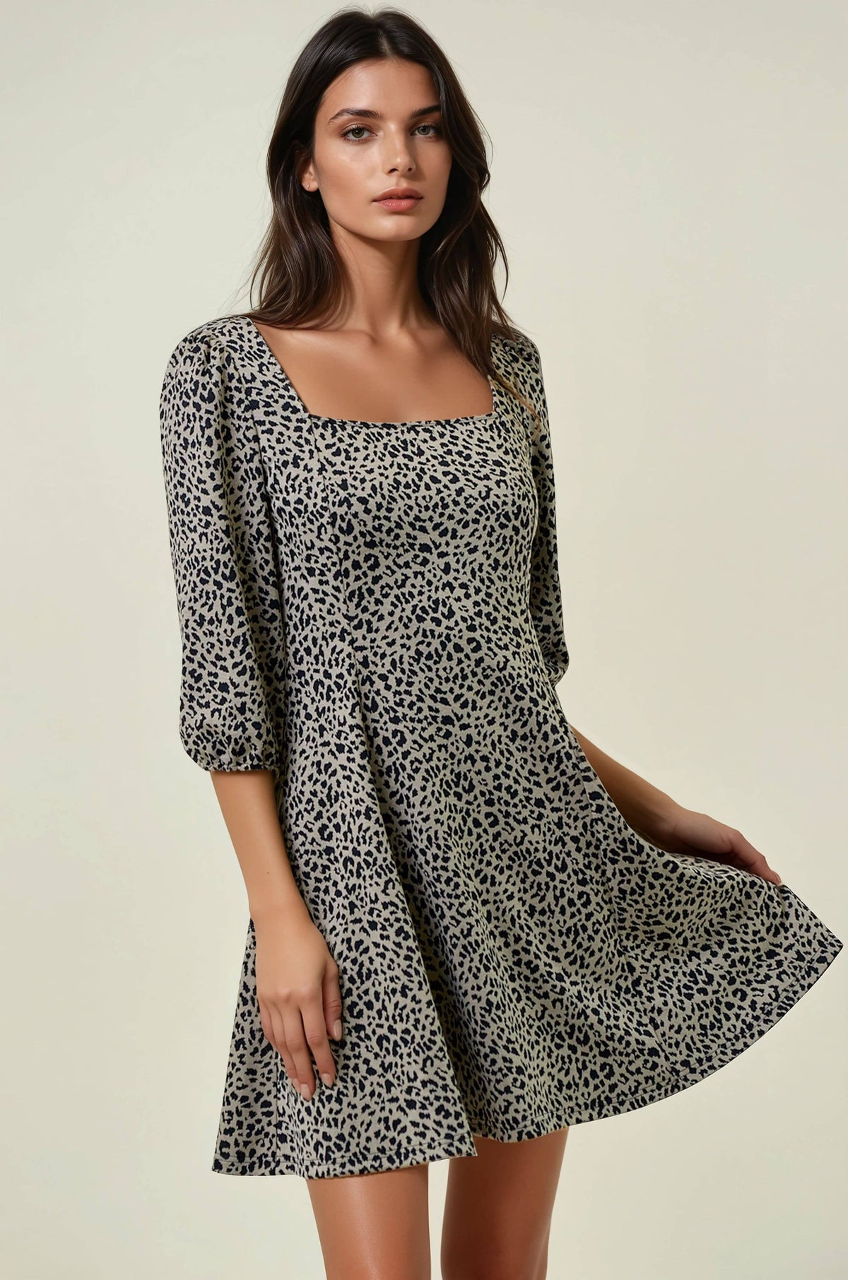 ANIMAL PRINT KNIT SQUARE NECK MINI DRESS