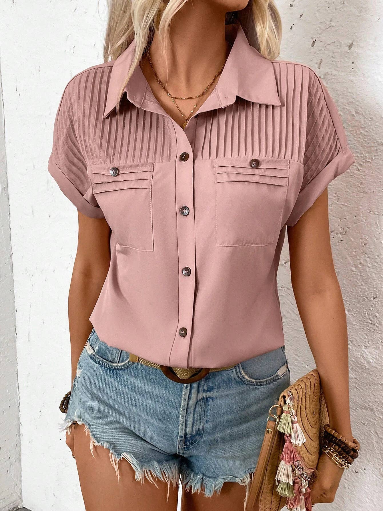 blue button down pleated top