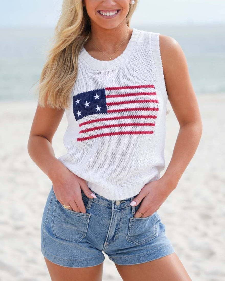 Crew Neck American Flag Knit Tank Top - The Season Boutique