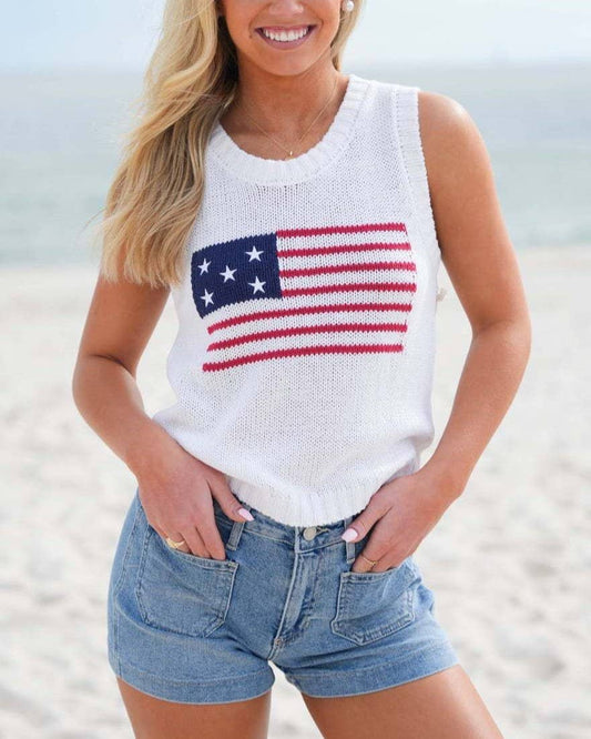 Crew Neck American Flag Knit Tank Top - The Season Boutique